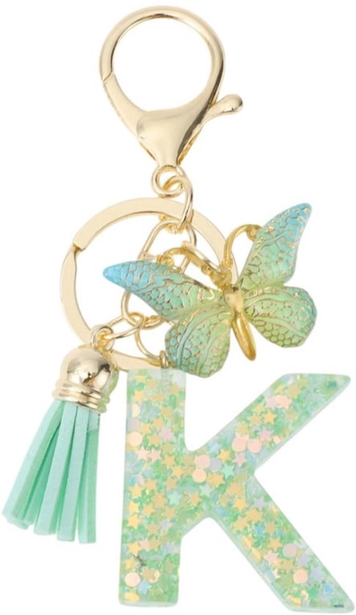 Sleutelhanger met letter K - Vlinder/Sleutelhanger - Cadeau voor Vrouwen - Lichtgroen - Duurzaam Hars - Totale Lengte 9,3 cm - Sleutelhangers