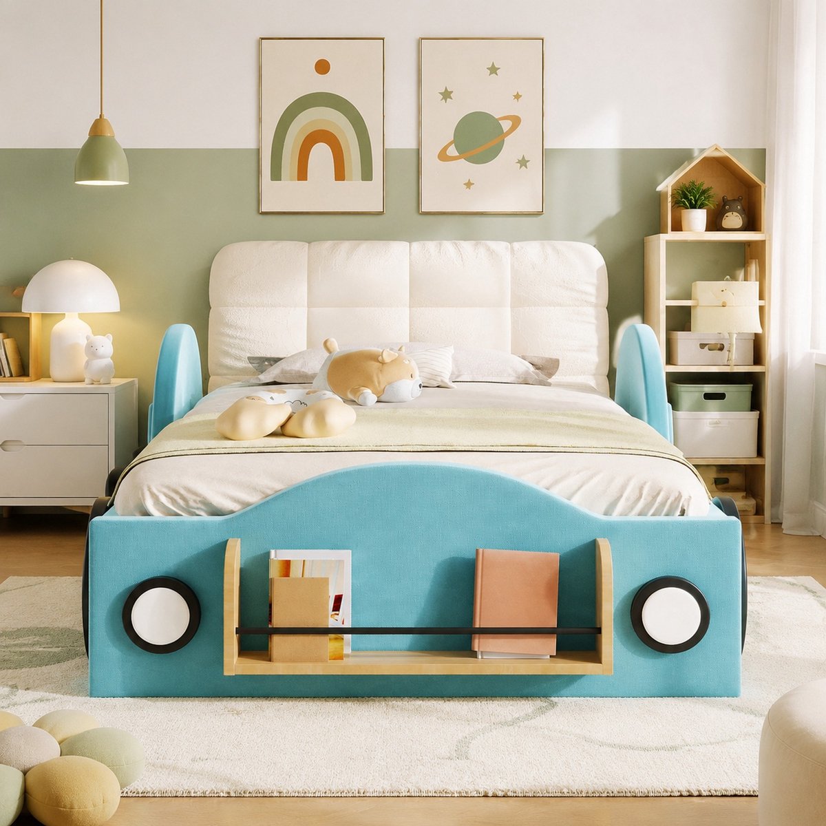 Bed 90x200 cm Zonder Matras | Zacht Gestoffeerd Kinderbed Met Opbergruimte, Zijvakken En Boekenplank | Blauw