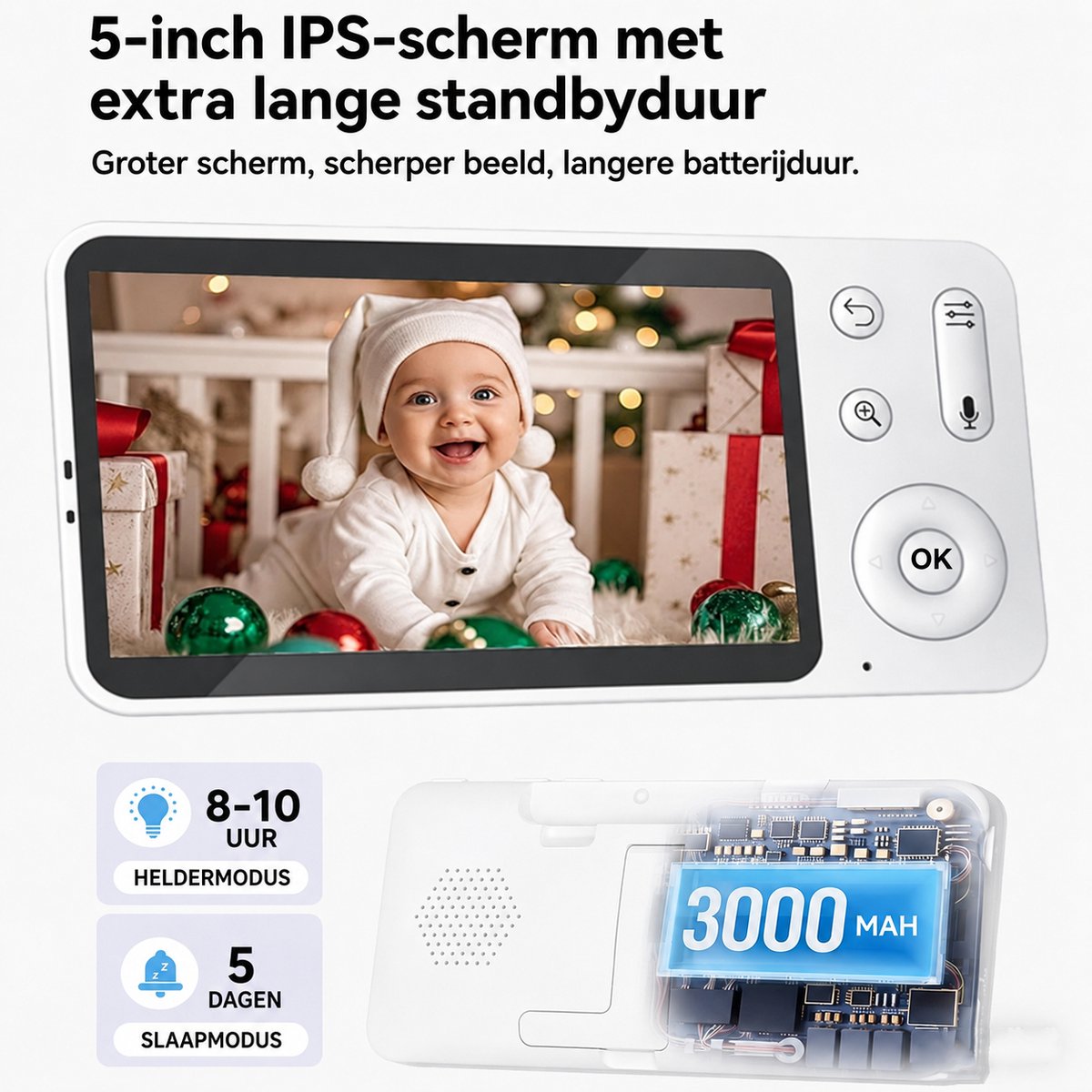 Babyfoon met 2 Camera's en App - 2K/3MP - 360° Beeld - 5" WiFi Video Babyfoon - RGB-Nachtzicht - Huil-, Bewegings-en Geluidsdetectie - 4x Zoom - 2*Houders thumbnail 4