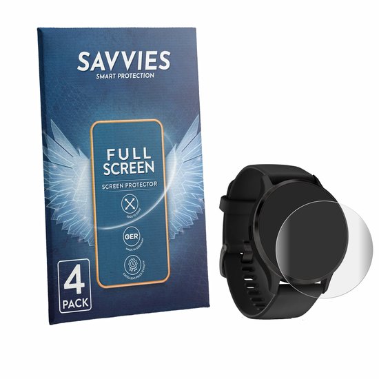 Savvies Full Screen screenprotector verpakking, 4 stuks, naast een zwarte smartwatch met een beschermfolie ernaast.