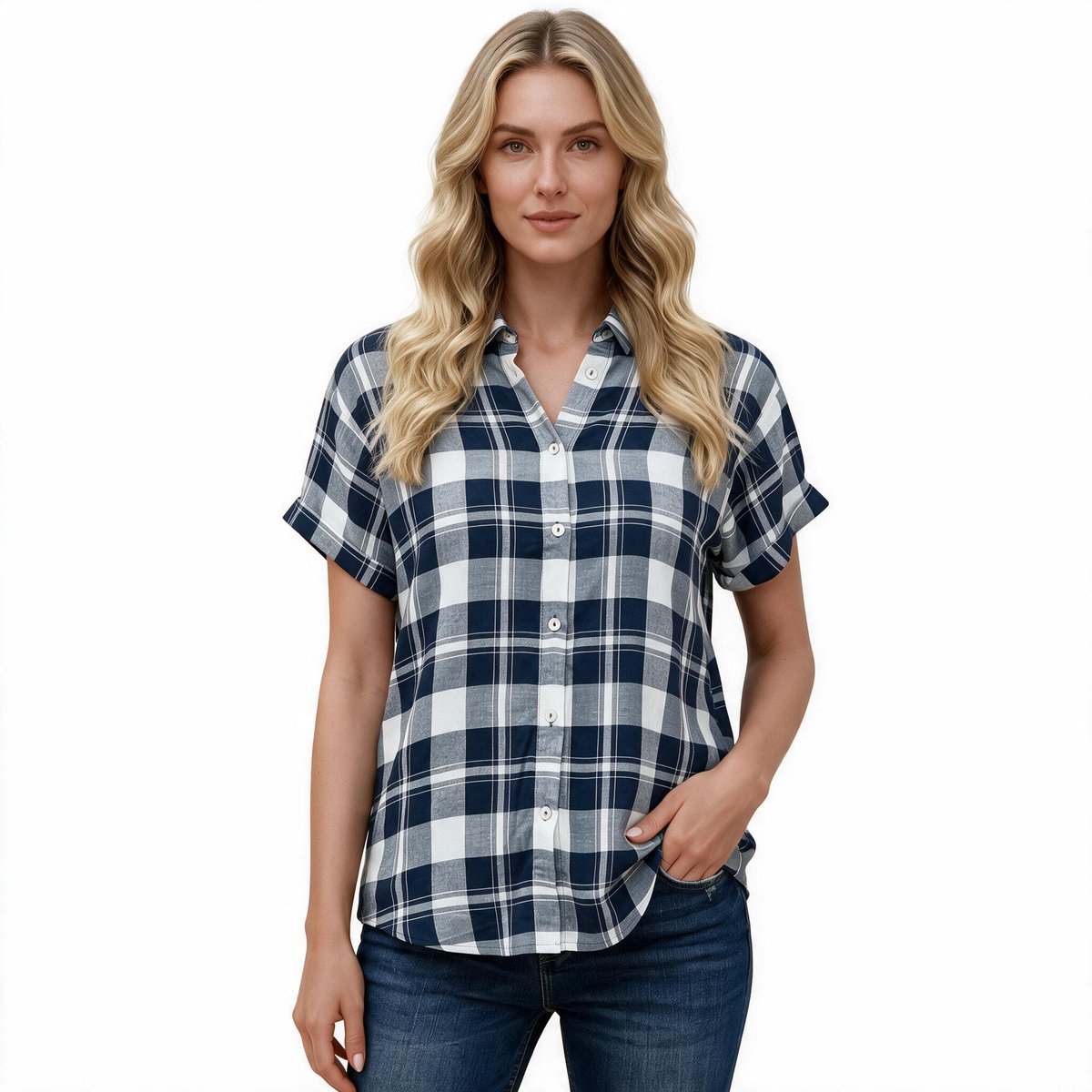 Imily Bela Dames Geruite Blouse met Korte Mouwen