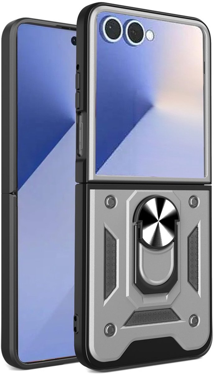 MobyDefend Hoesje - Geschikt voor Samsung Galaxy Z Flip 8 - Pantsercase Met Draaibare Ring - Zilvergrijs