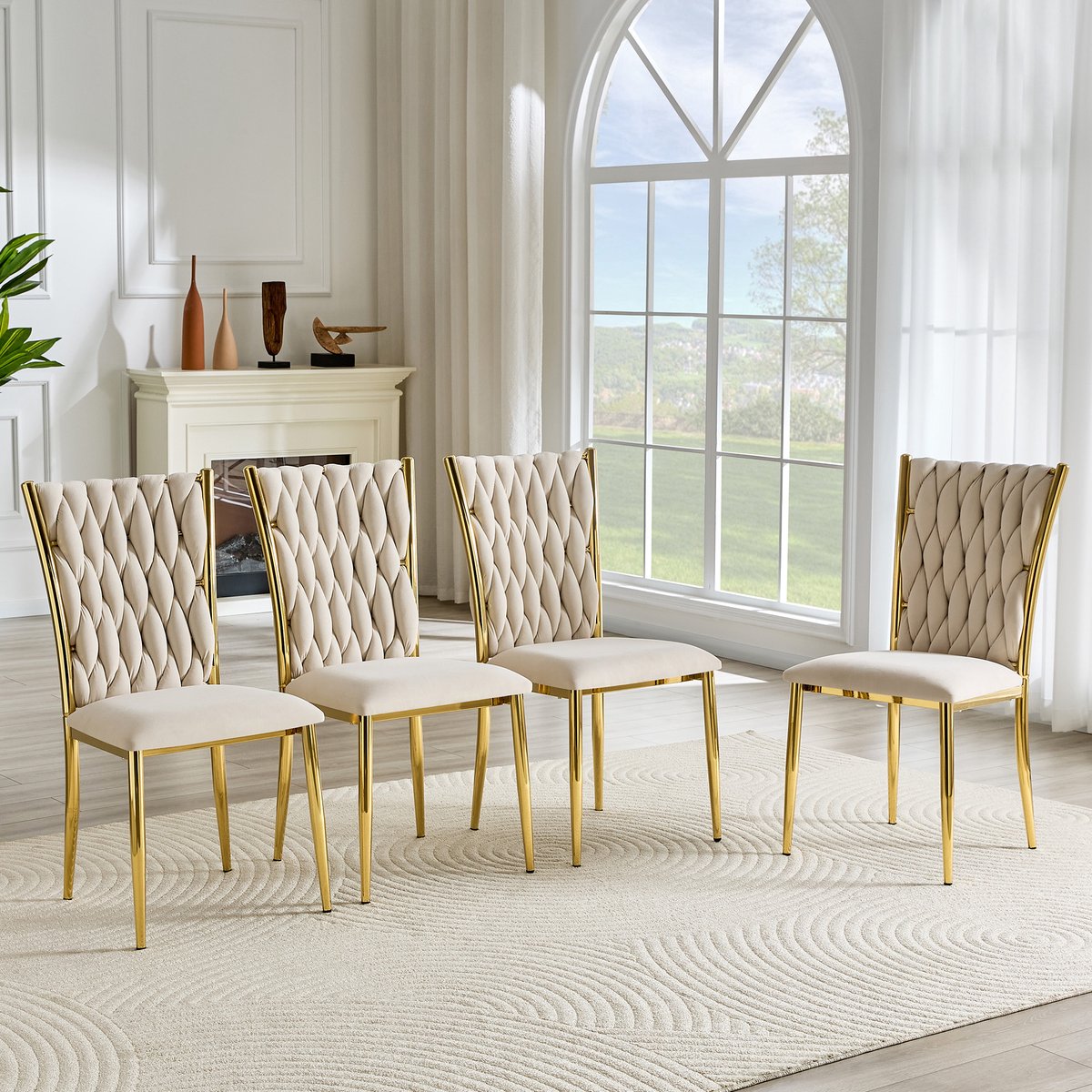 Clruro Eetkamerstoel - Gevlochten Hoge Rug - Gepolsterd - Fluweel/Metaal - Beige/Goud