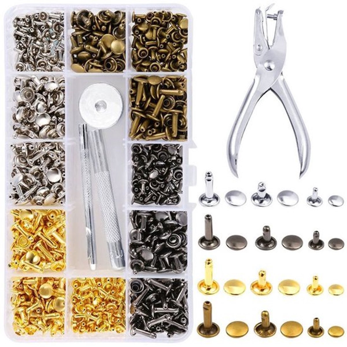 Set van 180 leren klinknagels inclusief perforator en holle klinknagels‑ geschikt voor doe‑het‑zelfprojecten en het versieren van kleding