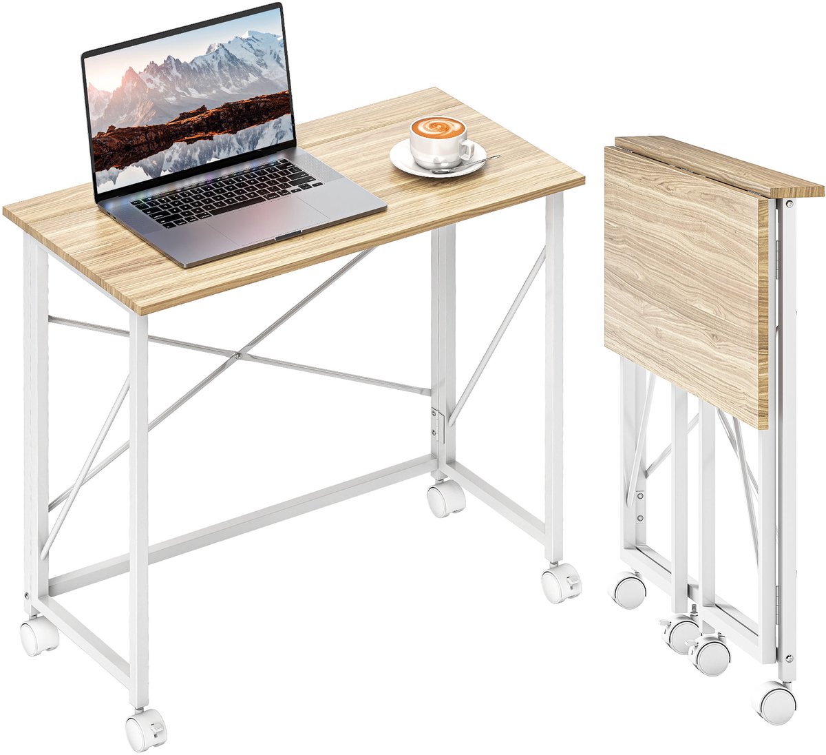 Homcom Schrijftafel Inklapbaar met Wielen - Bureau - Computertafel - Werktafel - Naturel natuurlijk hout, wit