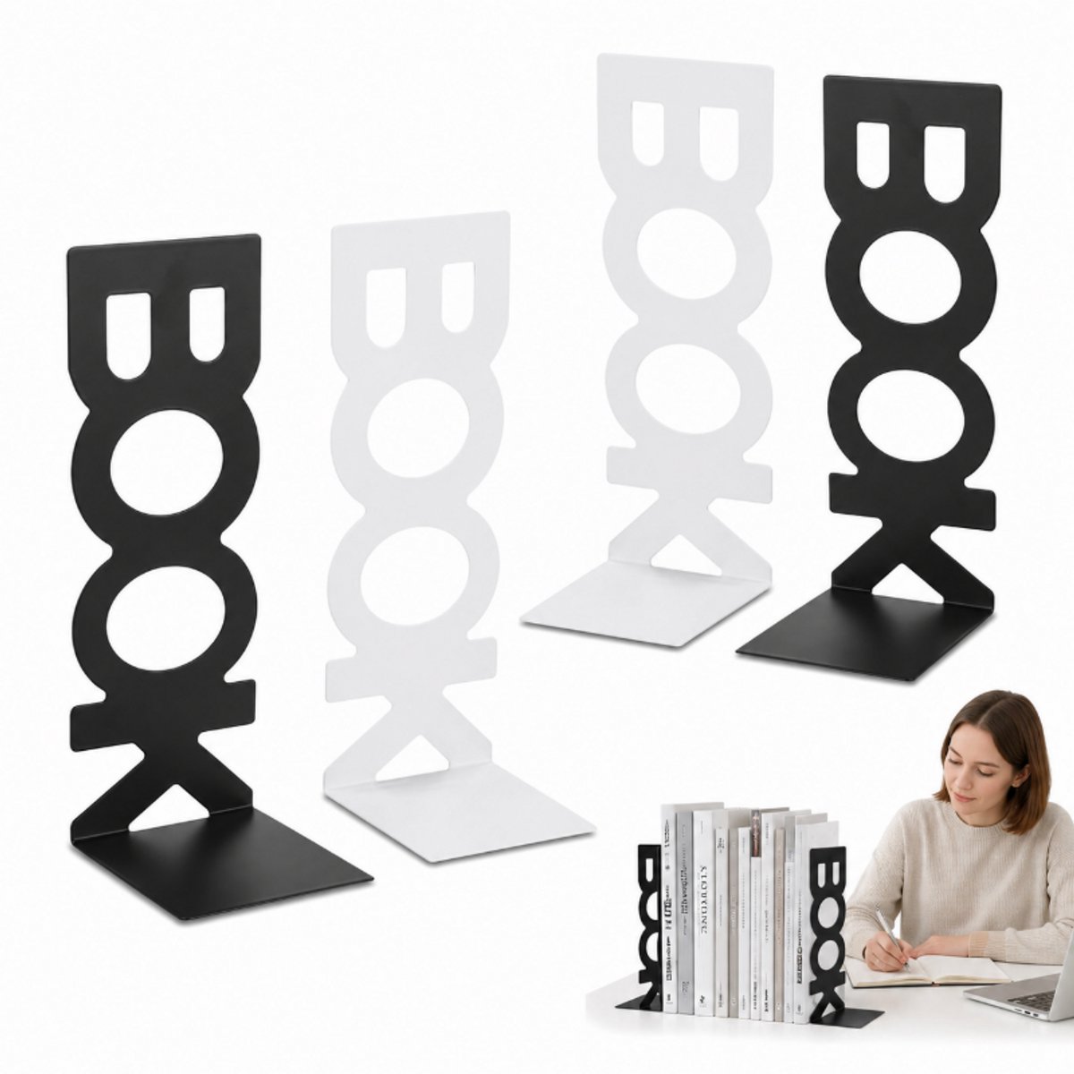 4 Stuks Boekensteunen Metaal - Boekensteun Zwart en Wit - Zware Boekenhouder met 'BOOK' Design - Antislip Boekenstandaard voor Kantoor, School en Thuis-Wit en Zwart