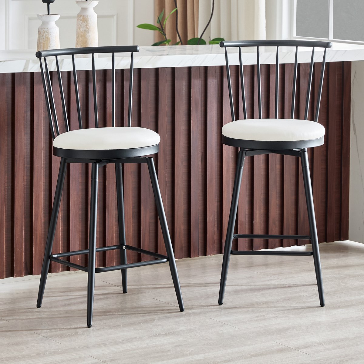COVREO Barkruk 96 cm wit, metaal en kunstleer met rugleuning, set van 2