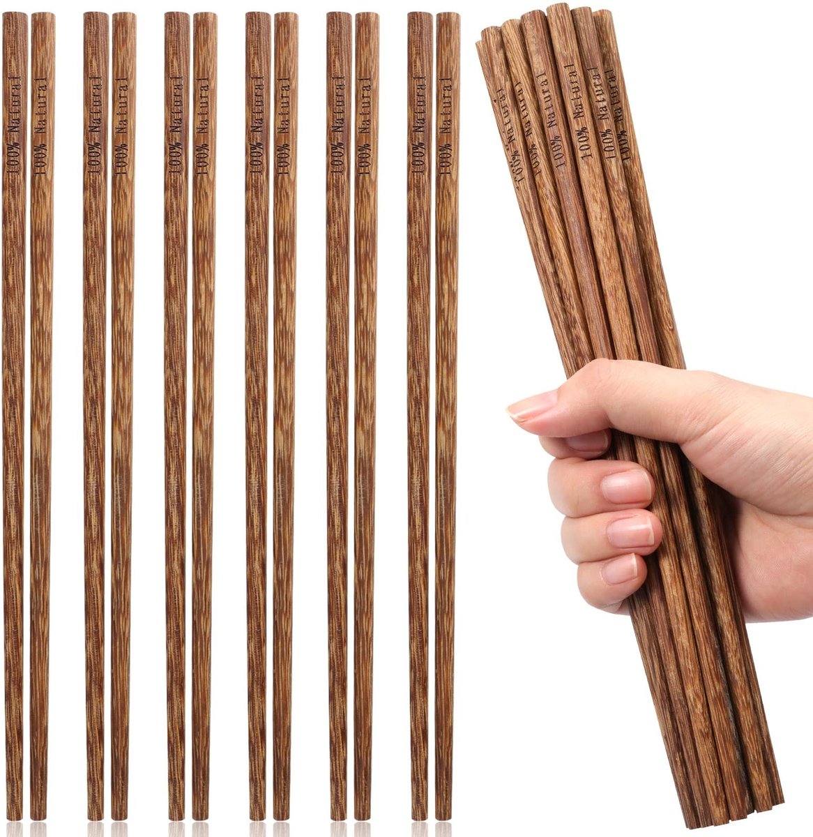 Solidchoice - 10 Pairs Herbruikbare Houten Eetstokjes van Natuurlijke Hout