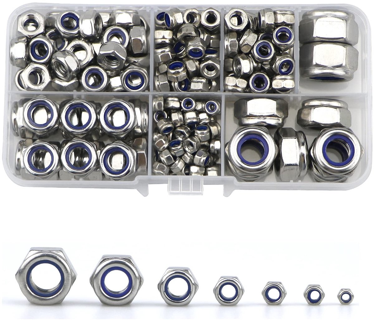 Lock Nuts Set - 212pcs Nylon Insert - 304 Stainless Steel Hexagonal Assorted Kit (M3 M4 M5 M6 M8 M10 M12)