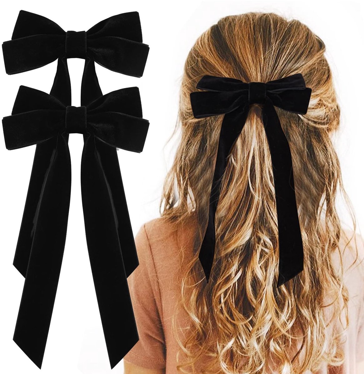 Solidchoice - Set van 2 Zwarte Velvet Haarstrikken voor Meisjes en Vrouwen