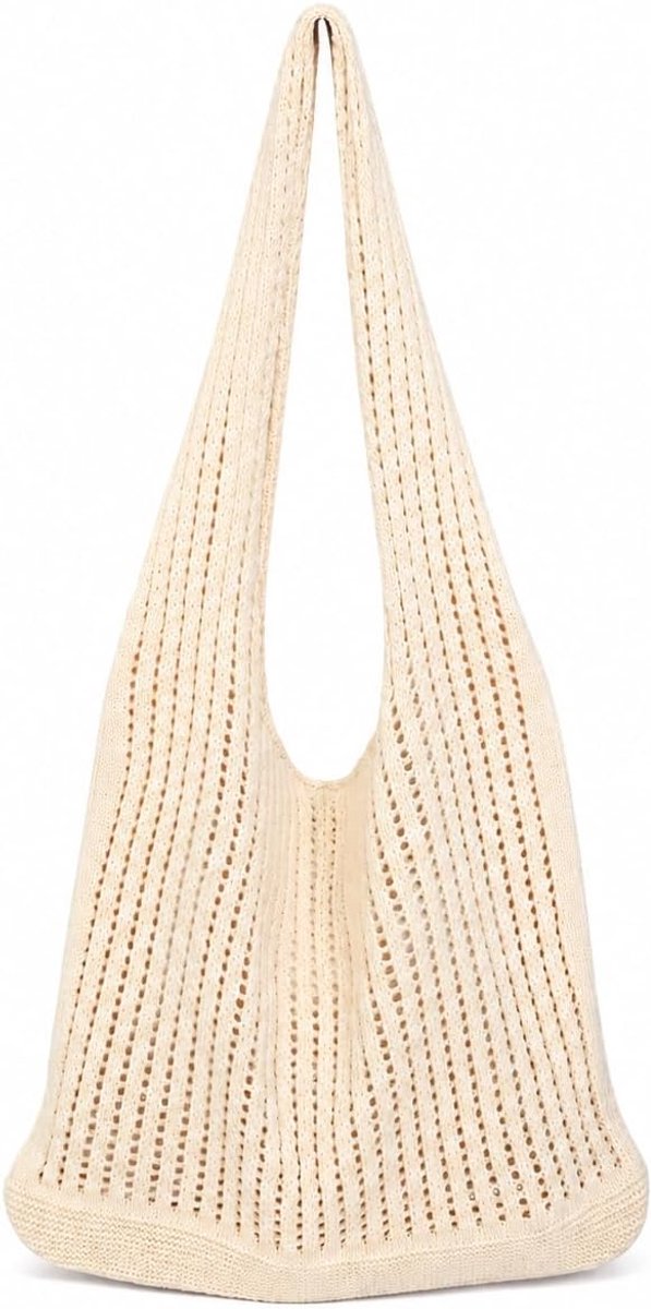 Strandtas voor dames, gehaakte tas, strandtas, nettas, strandtas, beige, 60 x 35 cm, opvouwbare mesh tas met brede - ShopVlot