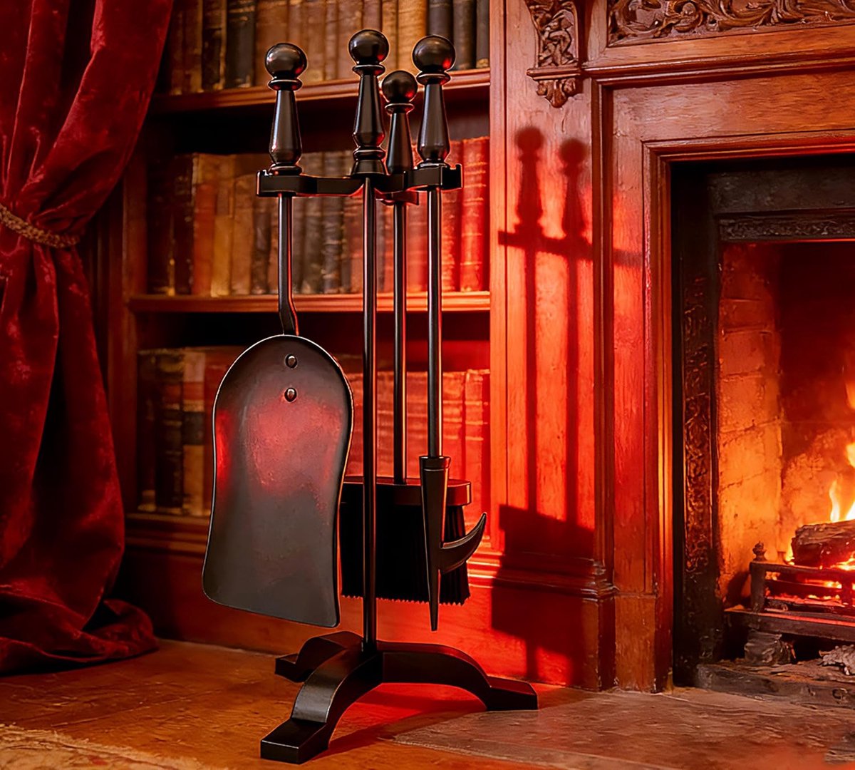 Kingson Black 4-piece Fireplace Tool Set Cast Iron Handle and Standard 19.5x17x47cm Log Burner Accessories Complete - ShopVlot