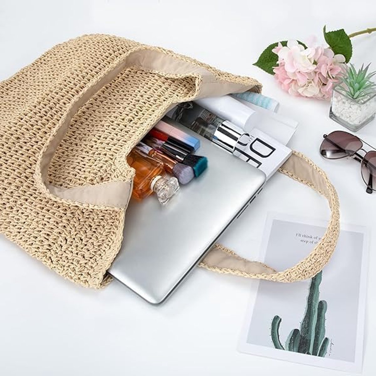Strandtas beige - gevlochten schoudertas - retro stijl - perfect voor vakantie - ShopVlot