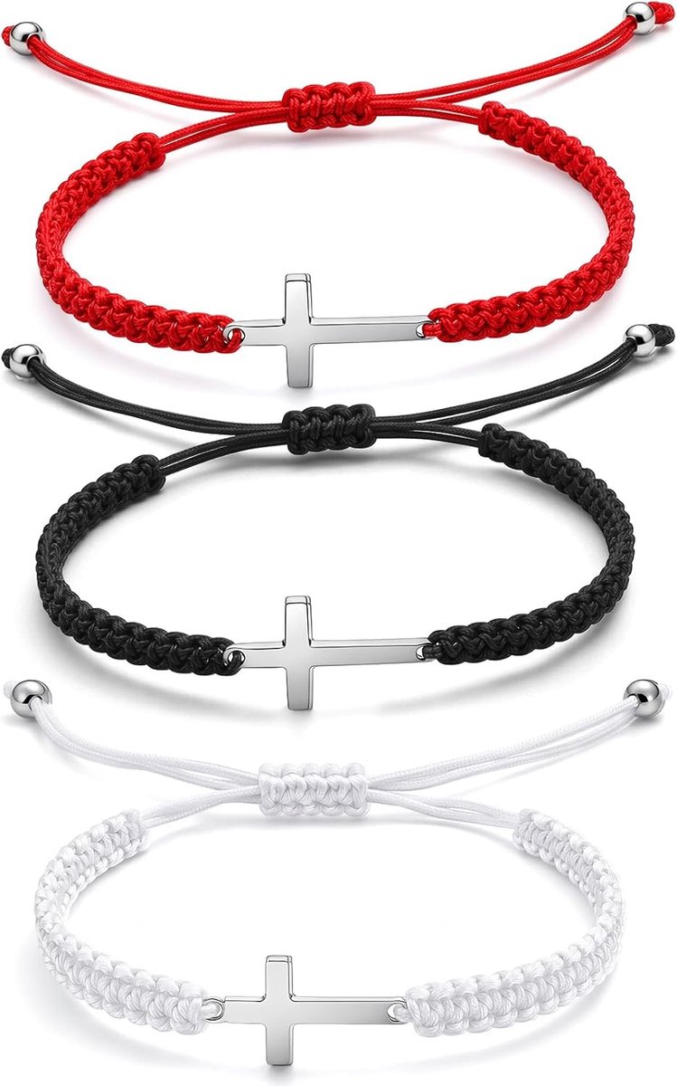 Verstelbare kruisarmbanden 3 stuks - gevlochten touw - met metalen kruishanger - voor geloofsbeleving - ShopVlot