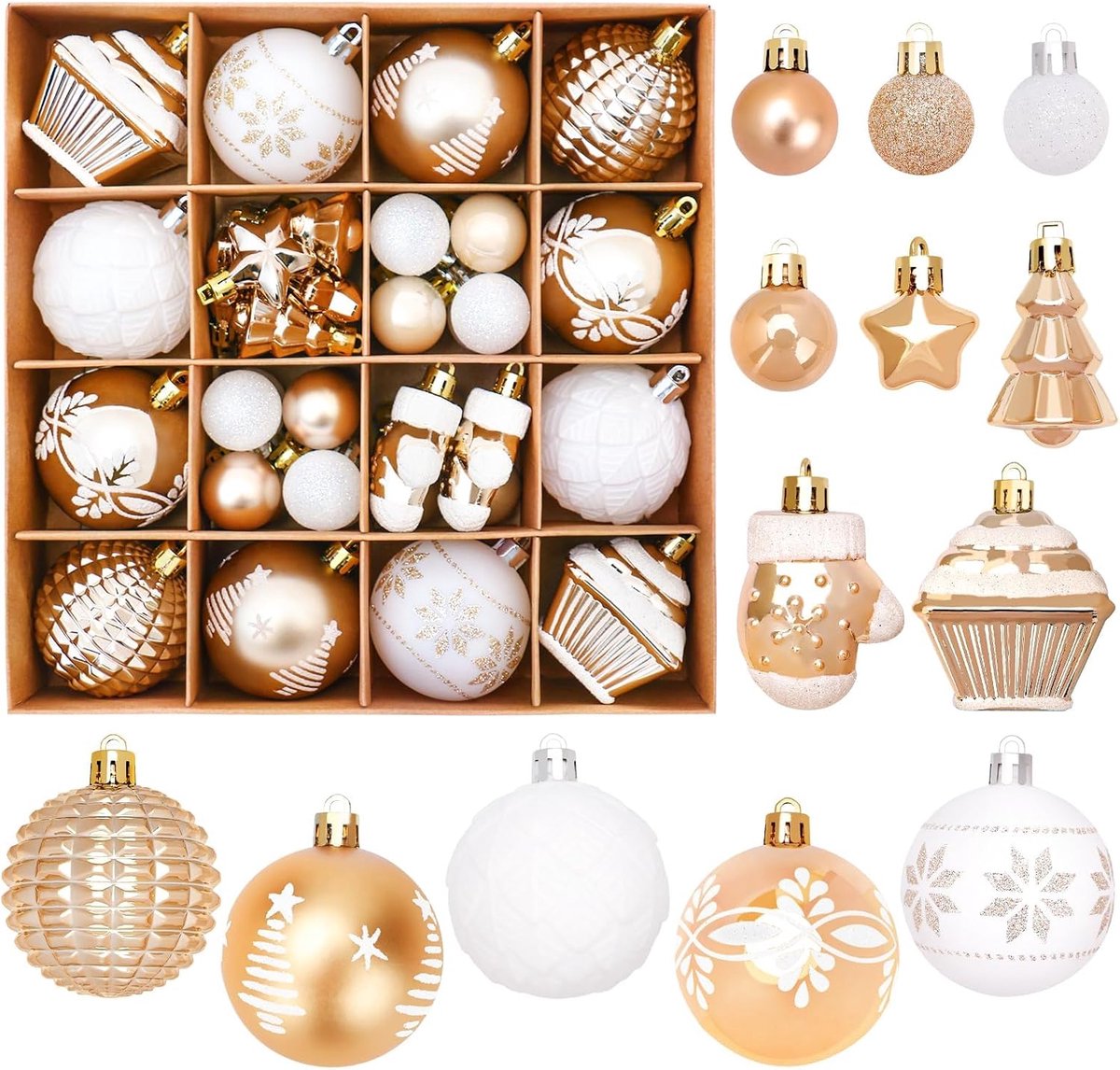 Kerstballen 42 Stuks - Fragiele Plastic Kerstballen - Goud & Wit - Perfect voor Boomdecoratie - ShopVlot