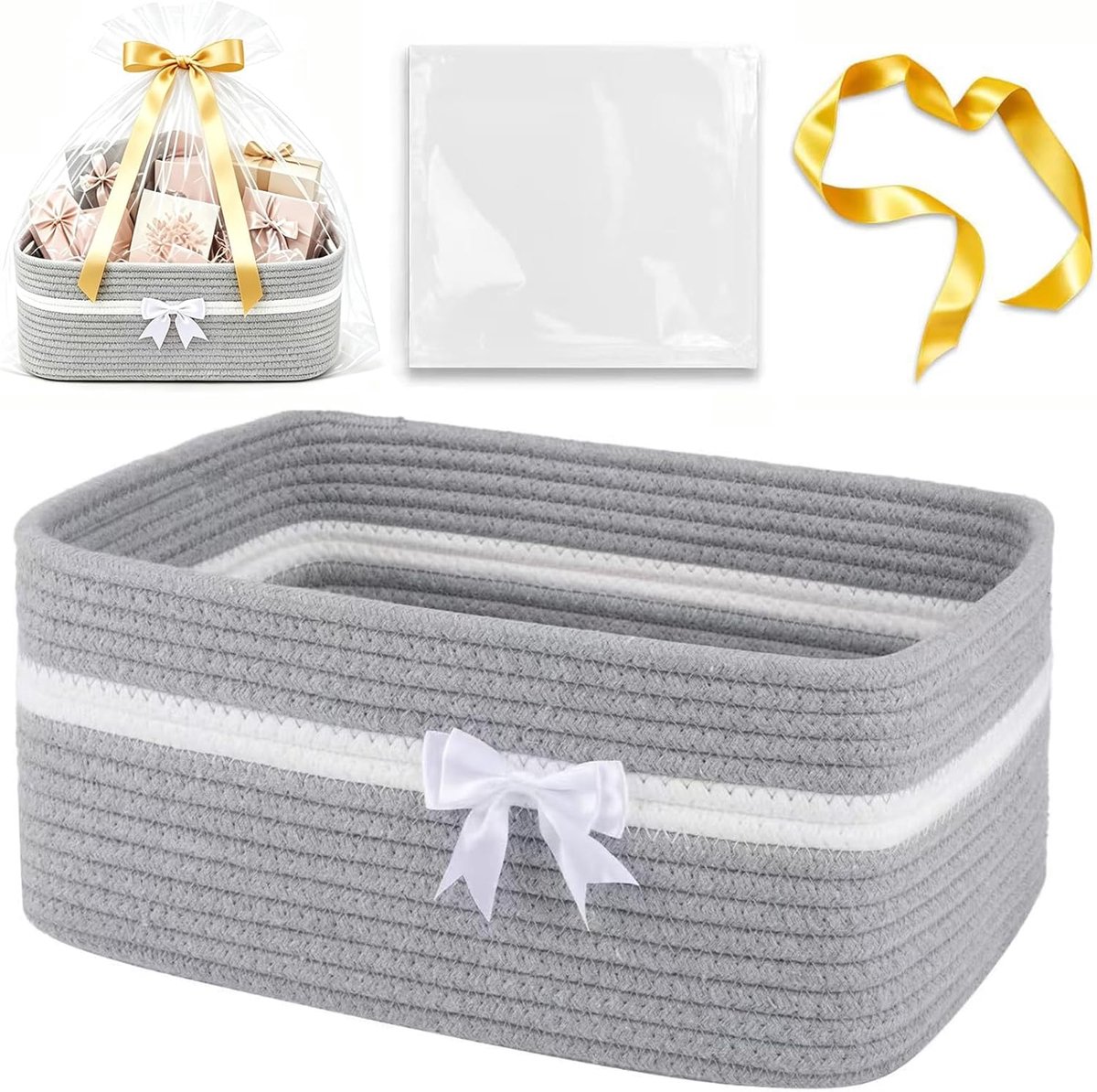 Cadeaumand leeg - gevlochten mand grijs - met geschenkzakje en lint - ideaal voor verjaardagen - ShopVlot