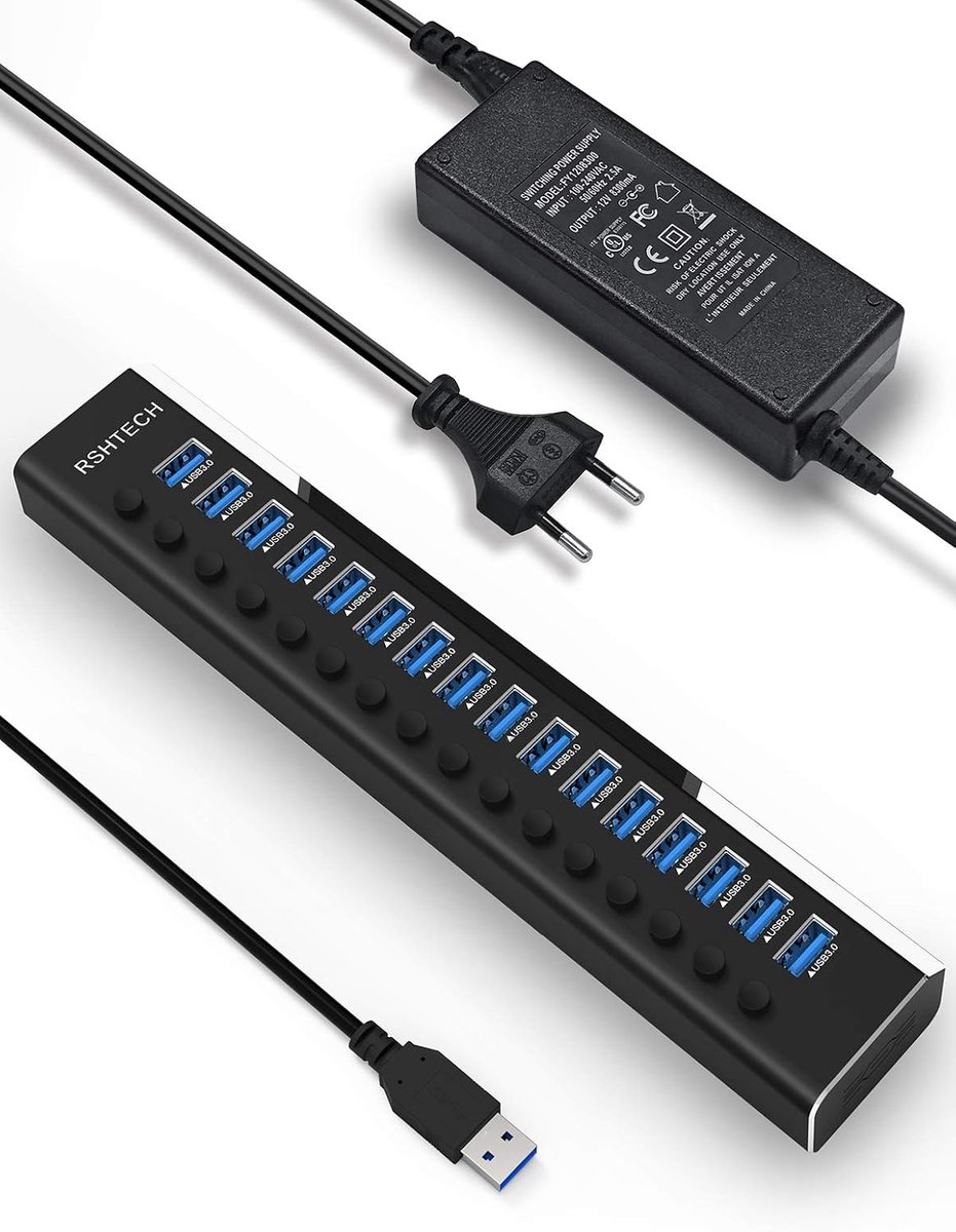 RSHTECH RSH-A16 USB Hub Active 3.0 with 100W Power Supply, Aluminum Multiport USB 3.0 Hub with 12V/8.3A Power Supply - ShopVlot