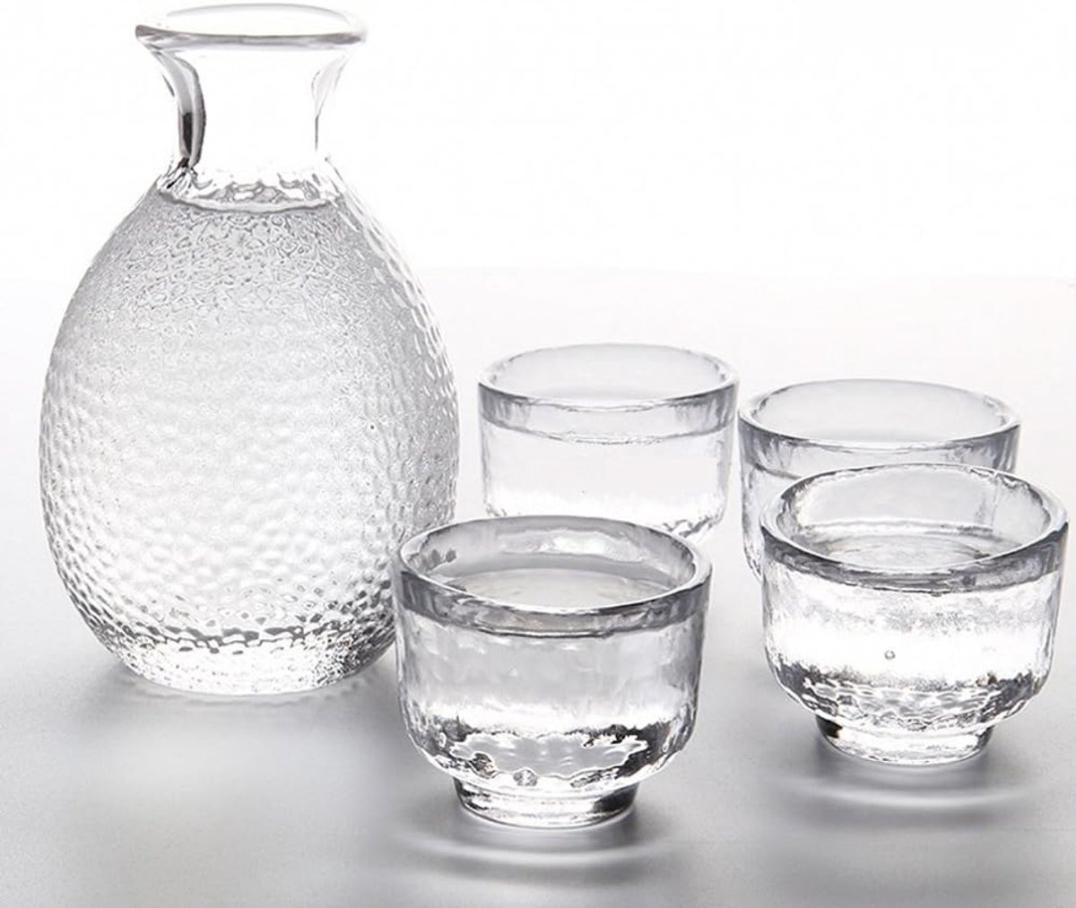 Glass Sake Set of 5 pieces, 300ml Sake Bottle and 4 Sake Cups (40ml each), Wine Glass Set for Hot/Cold Sake Service - ShopVlot