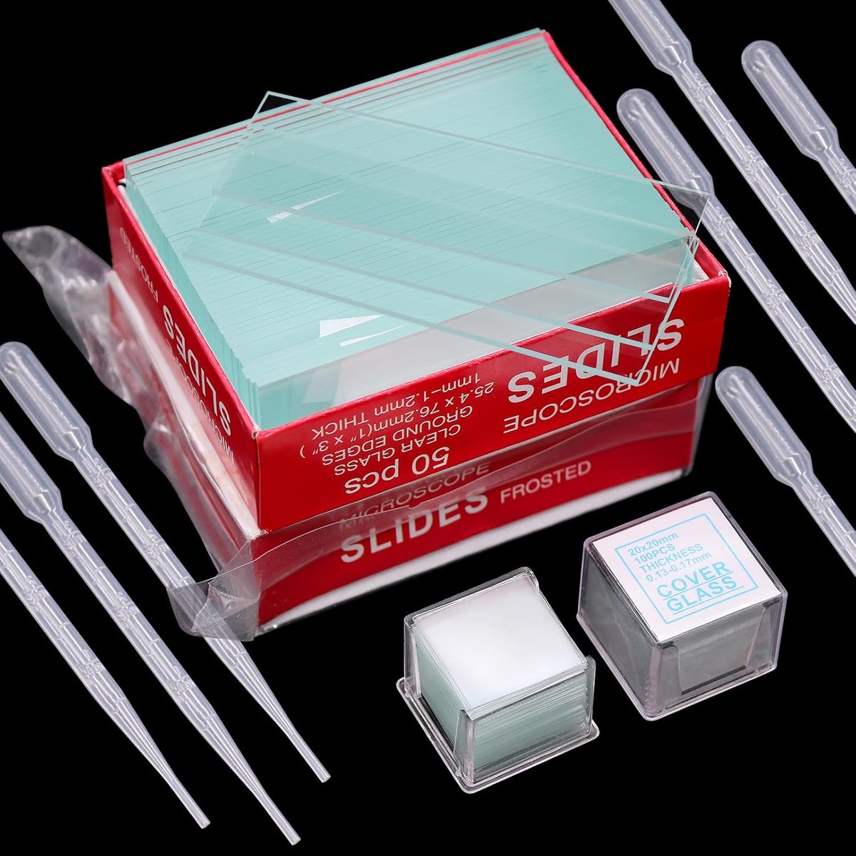 100 pcs pre-cleaned slides microscope 76.2×25.4mm and 200pcs coverslips microscope 20×20mm, with 10pcs pipette 2ml - ShopVlot