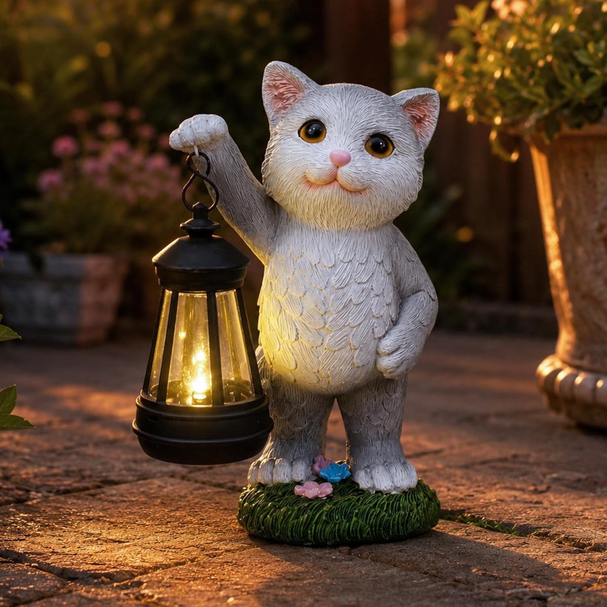 Yeomoo Kattendecoratie op zonne-energie voor de tuin, weerbestendig tuinfiguur kat met led-lantaarn van hars - ShopVlot