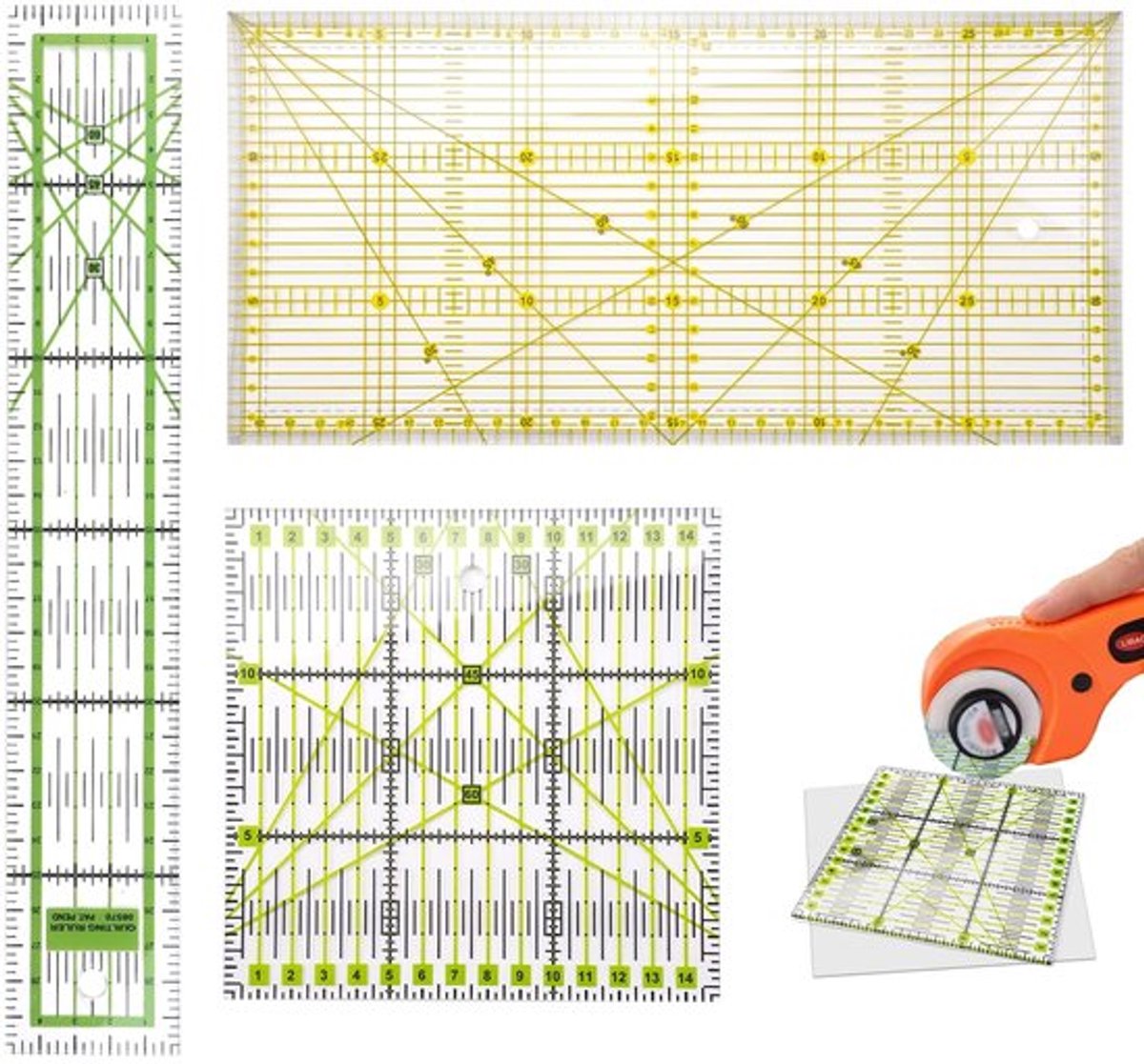 Patchworkliniaal 15 x 30 cm - 15 x 15 cm - 5 x 30 cm - Verstelbaar - Hoekindicatoren 30°/45°/60° - Duurzaam Acryl - Quiltliniaal