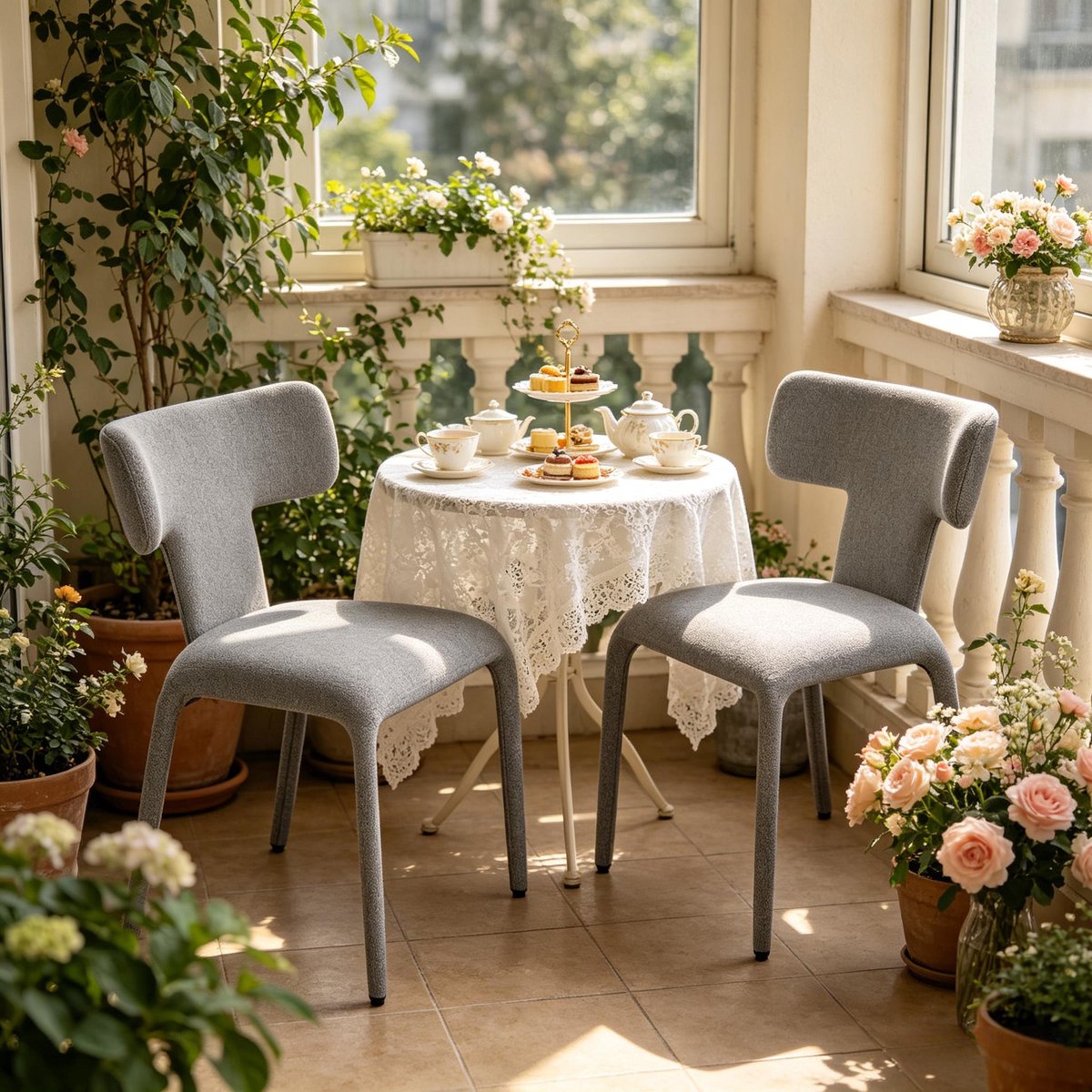 FloraGrace Eetkamerstoel Set Van 2 53 x 53 x 78 Cm Met Armleuning En Gebogen Rugleuning Voor Eetkamer Keuken Stof Metaal Grijs