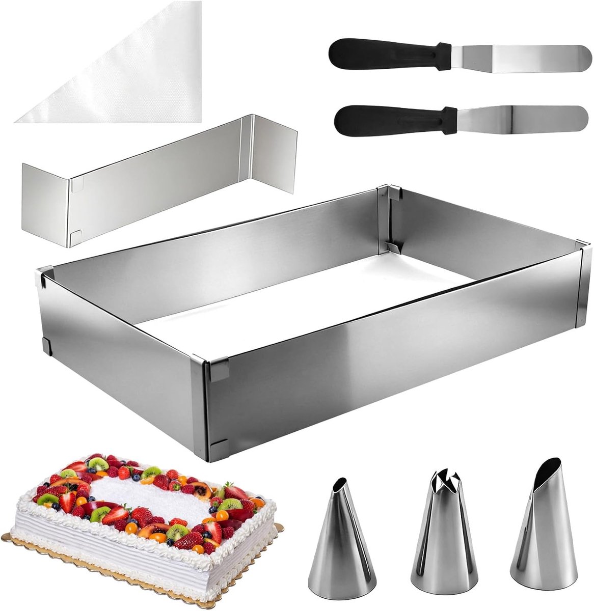 Adjustable Rectangular Cake Ring Set – Stainless Steel Baking Frame with Divider, Spatula, Pastry Bag and Mouthpieces - ShopVlot