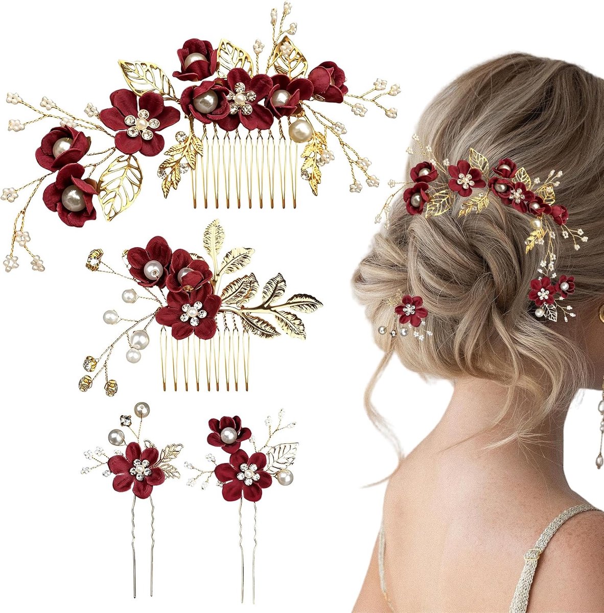 Haaraccessoires set 4-delig - bordeaux - bloemen haarkam en U-vormige haarspelden - decoratieve clips voor bruiloften - ShopVlot