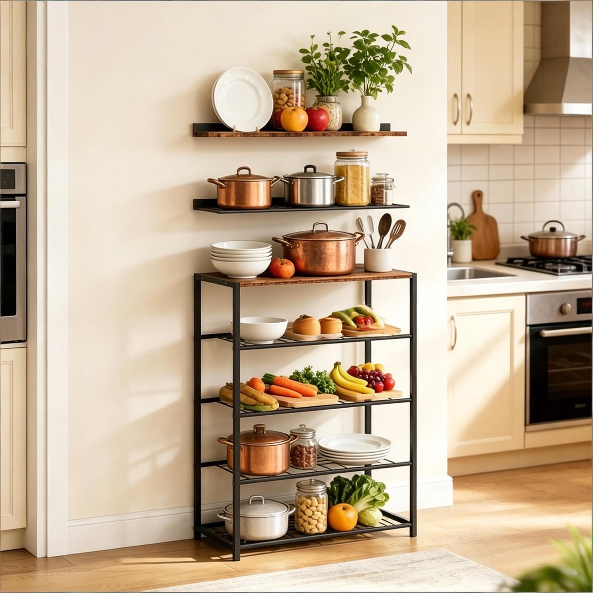 OKWISH Schoenenrek – 63 x 30 x 83 cm – Open Staand Rek Met 4 Niveaus – MDF En Metaal – Zwart En Rustiek Bruin – Industrieel Opbergen