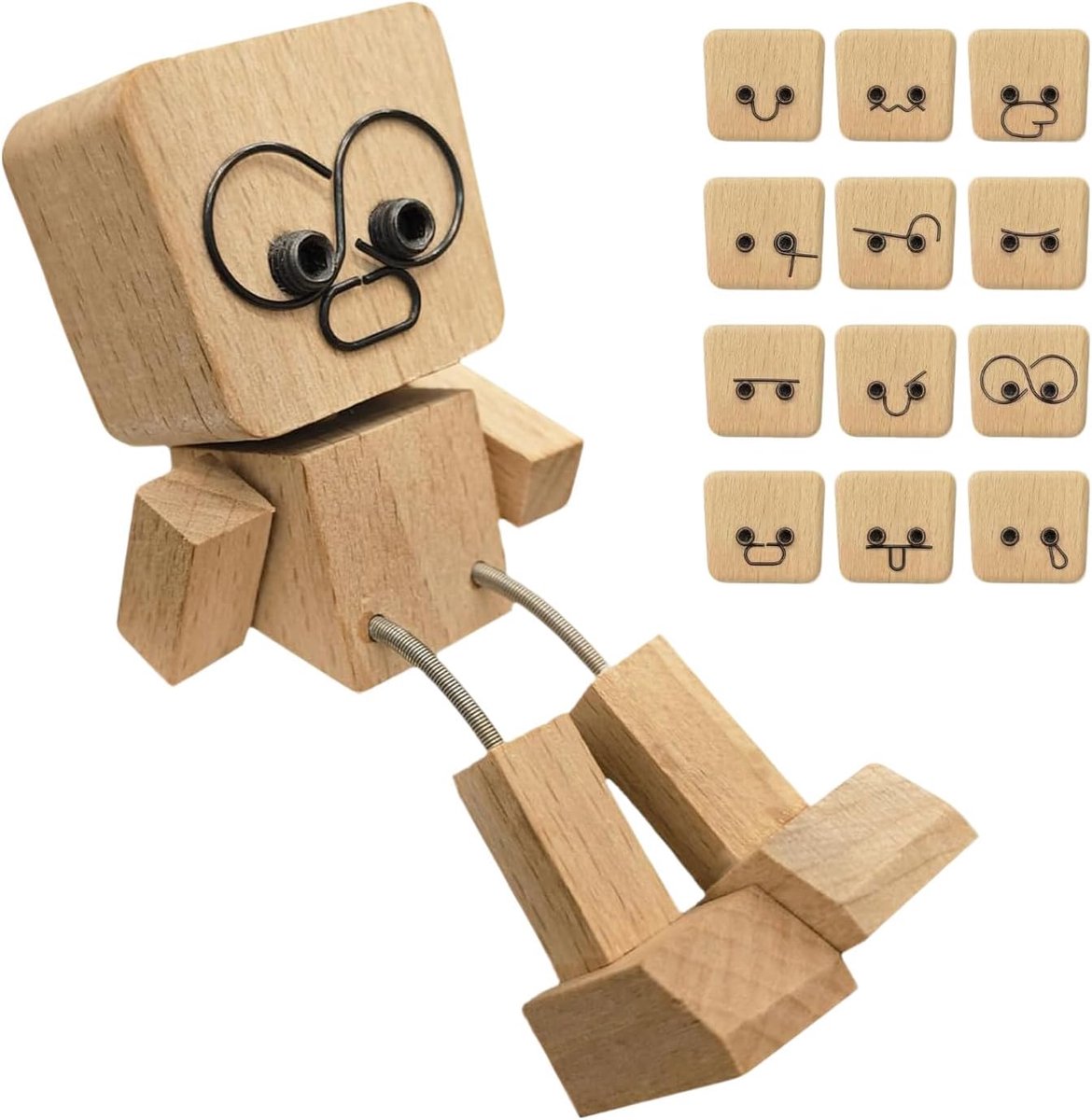 Houten figuur met 12 gezichten - kleine magnetische man - uitdrukking voor elke stemming - leuk bureau ornament - ShopVlot