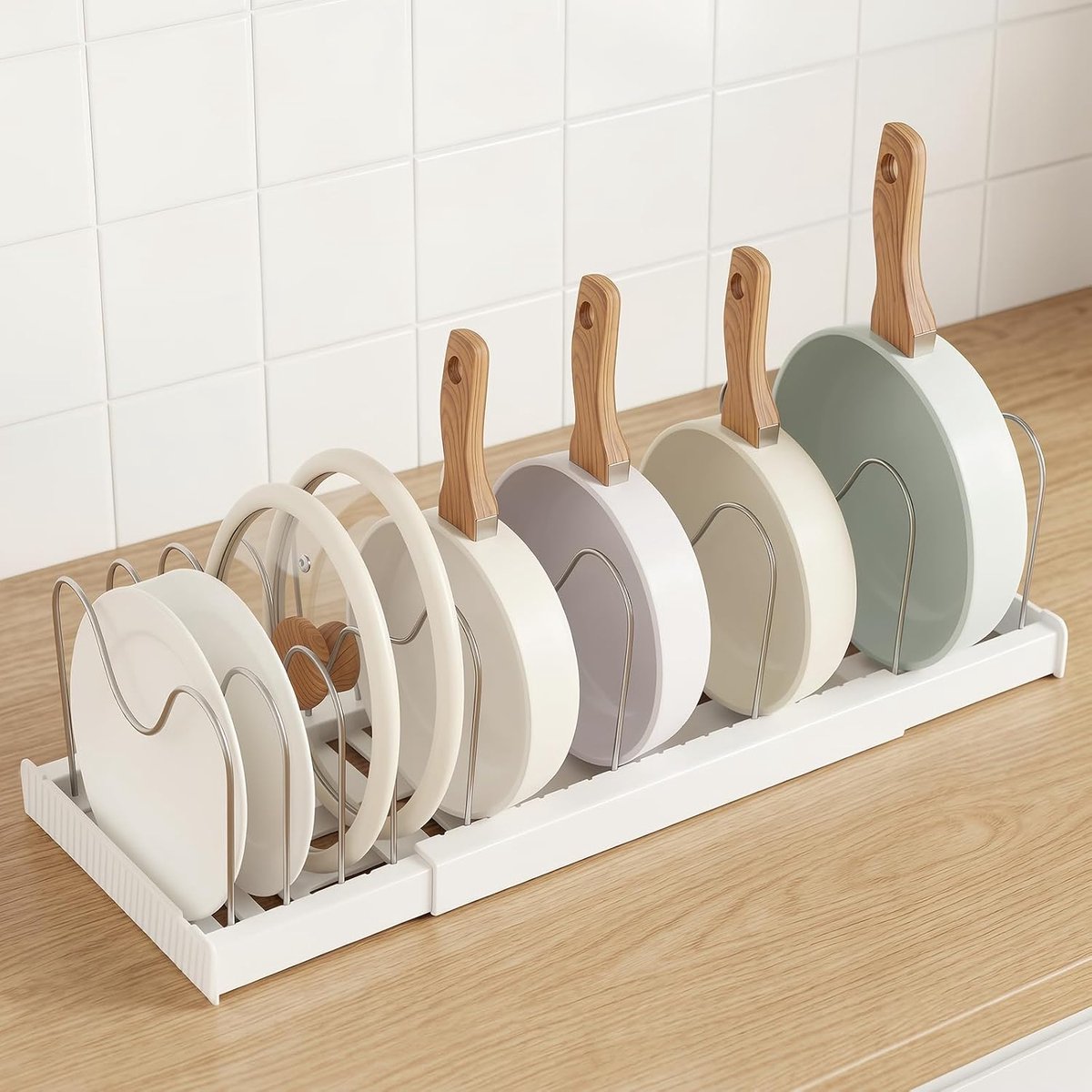 Pannenrek met uitschuifbare functie 32-57 cm - wit - 9 verstelbare compartimenten - ideaal voor potten en pannen - ShopVlot