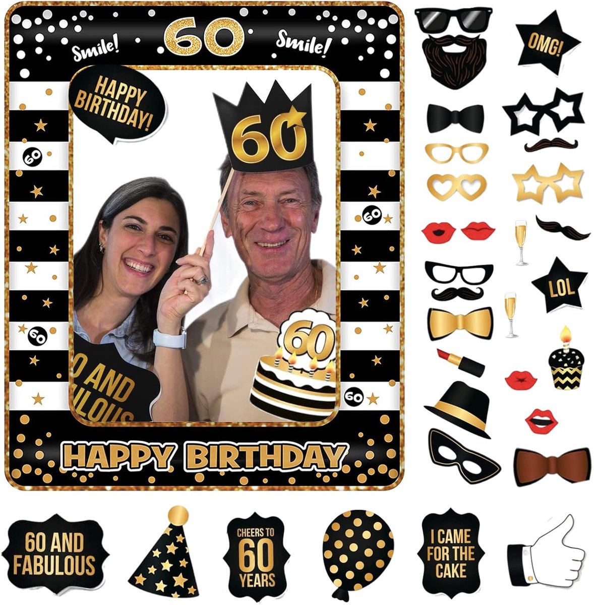 SnelShoppen - 60e Verjaardag Decoraties Mannen Vrouwen, Zwarte Gouden Opblaasbare Selfie Frame & 34 Stuks 60e Verjaardag Foto Booth Props, Gigantisch