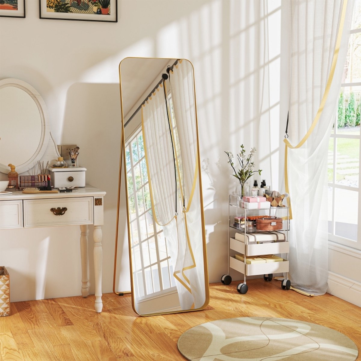 Staande Spiegel Neigbaar 160 x 50 cm Metaal MDF Goud Rechthoek Voor Kleedkamer En Woonkamer Met Elegante Afwerking
