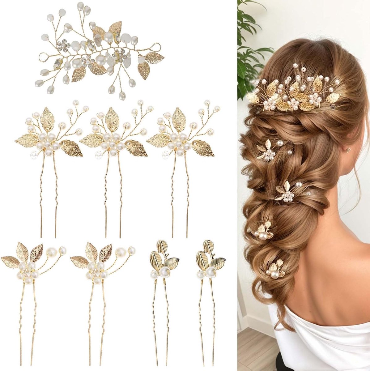 Haarklemmen set met bloemen en parels - 8 delige haaraccessoires - U-vormige haarclips - Perfect voor bruiloften - ShopVlot