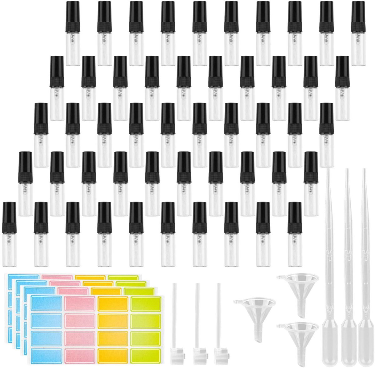 SnelShoppen - 50 Stuks Refillable Mini Parfum Atomizer 2.5 ml - Glas Travel Flesjes met Pipetten, Trechters en Labels - Perfect voor Reizen, Camping e