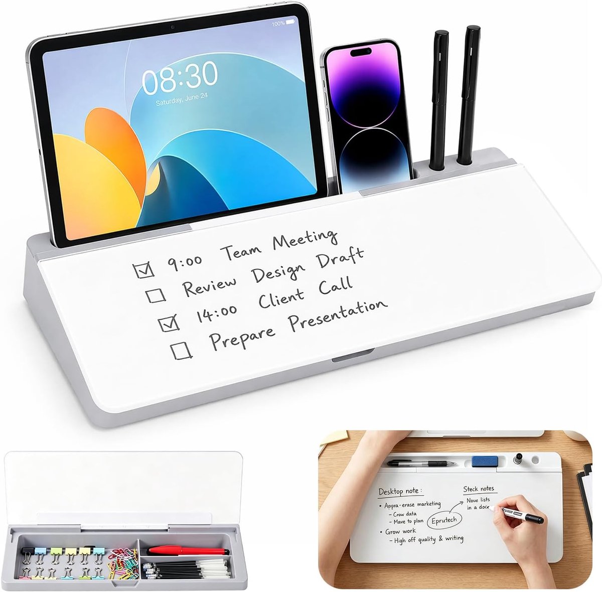 Whiteboard bureau met opbergruimte - glas - grijs - perfect voor een opgeruimd thuiskantoor - ShopVlot