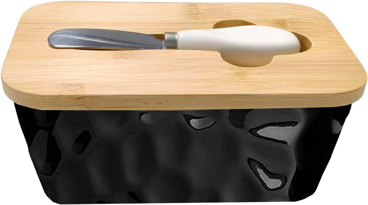 Boterdish 16.5 x 10 cm - Hoogwaardige keramische boterbel met houten deksel - Blijft vers en multifunctioneel - ShopVlot