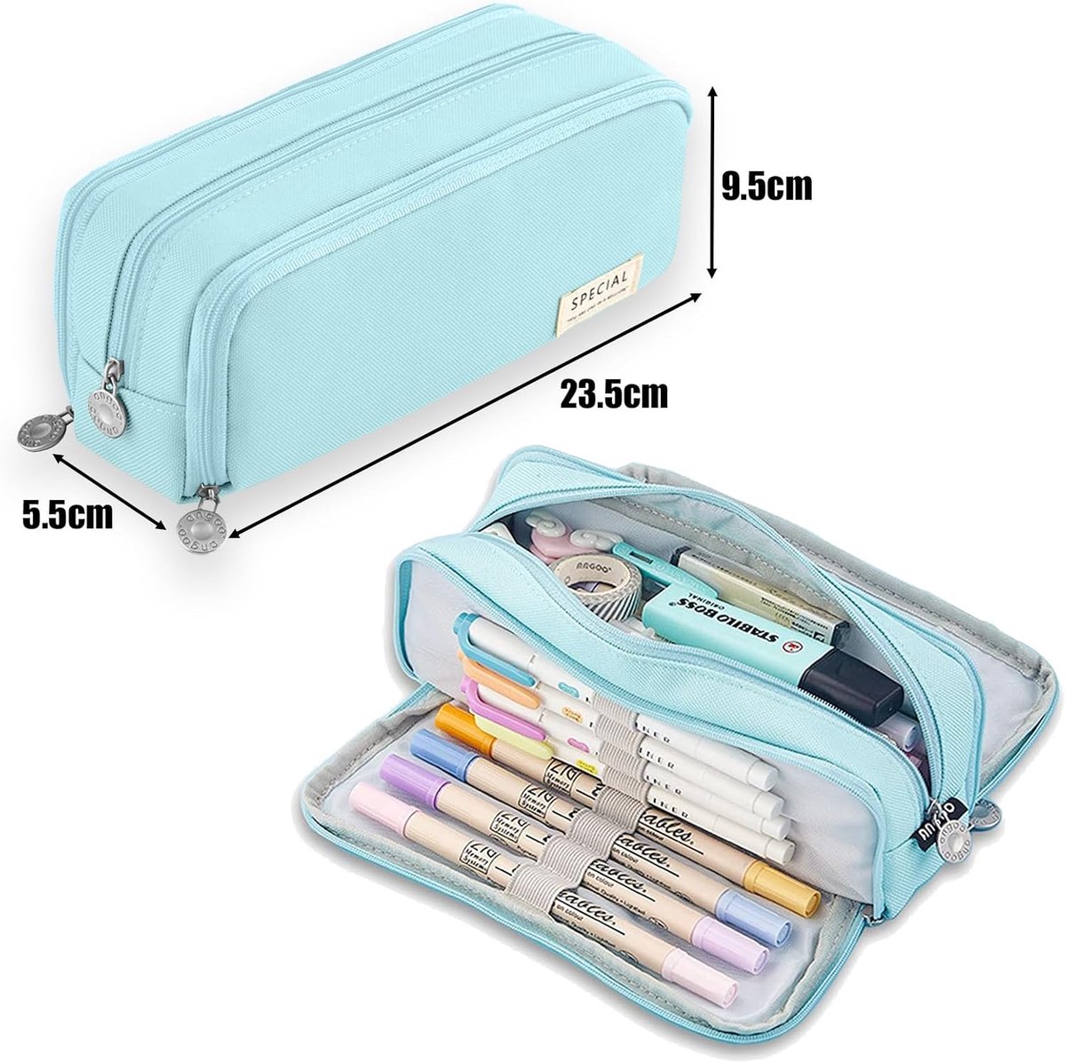 Pencil Case, 3 Compartments, Teenage Girls, School and Office, Light Blue., pencil case - ShopVlot