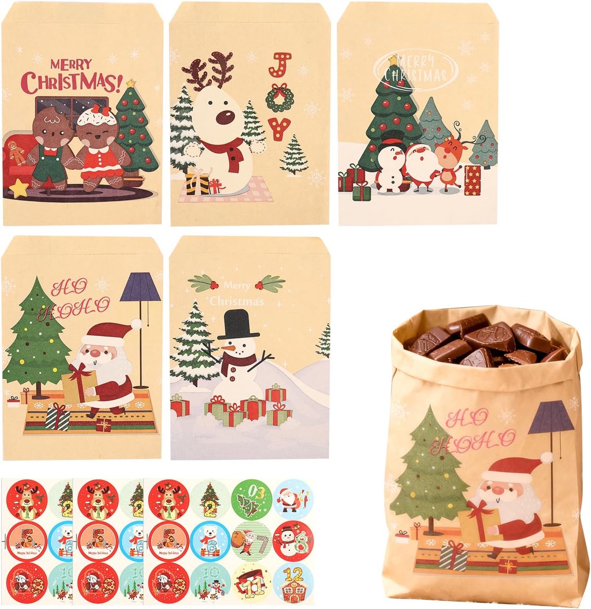 Kerstcadeauzakjes 13 x 18 cm - kraftpapier - 50 stuks met 72 sneeuwvlokstickers - ideaal voor feestelijke geschenken - ShopVlot
