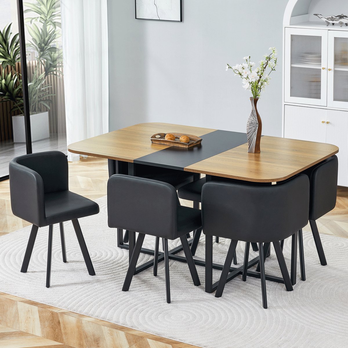 COVREO Eetkamerset uitrekbare tafel 4-6 personen, houtnerf zwart metaal