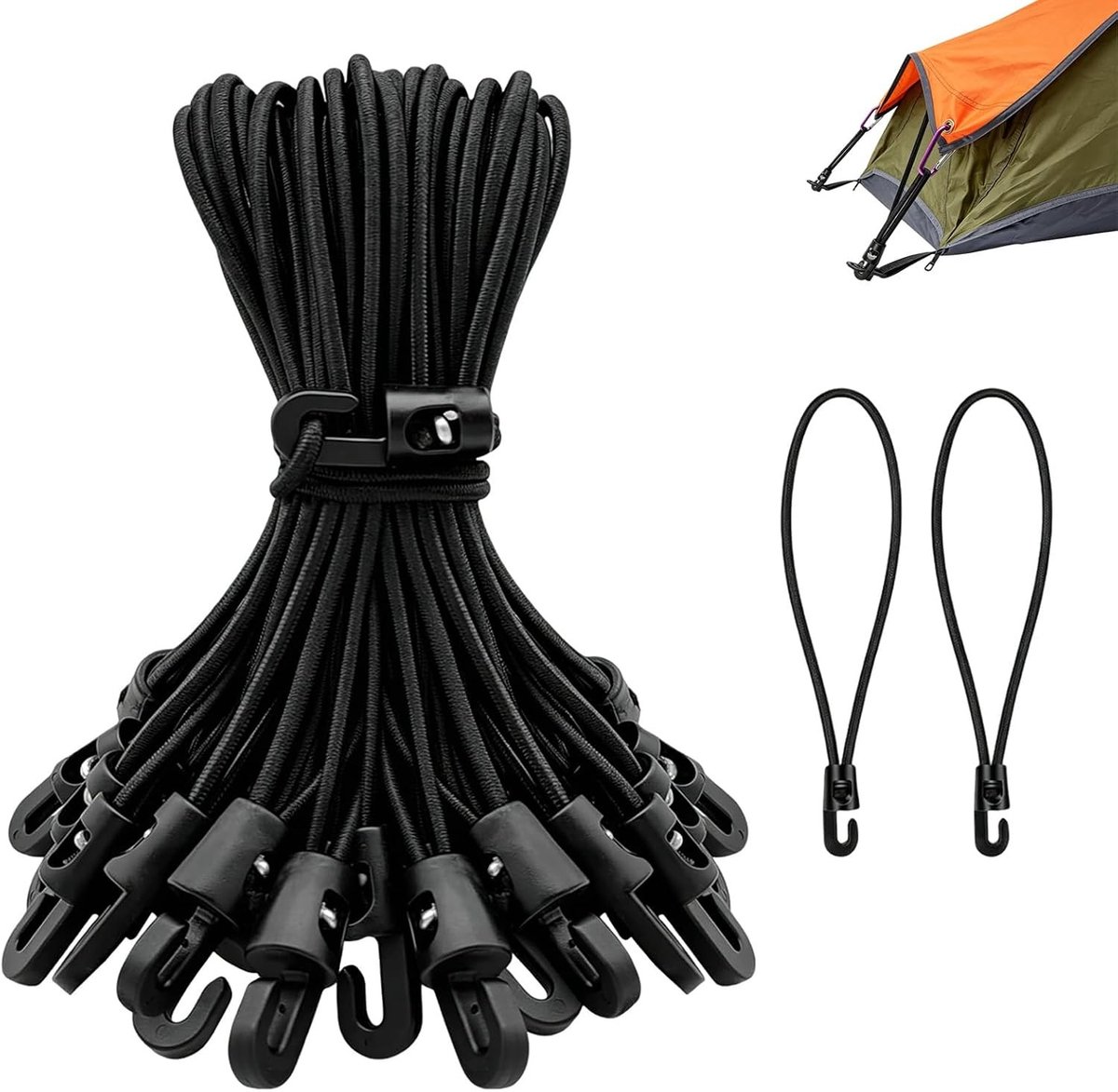 SnelShoppen - Bungee Cord Set 30 Stuks met Haken 10 cm - Elastische Tentelastieken 4 mm - Rekbaar tot 25 cm - Ideaal voor Camping, Outdoor, Tent, Zeil