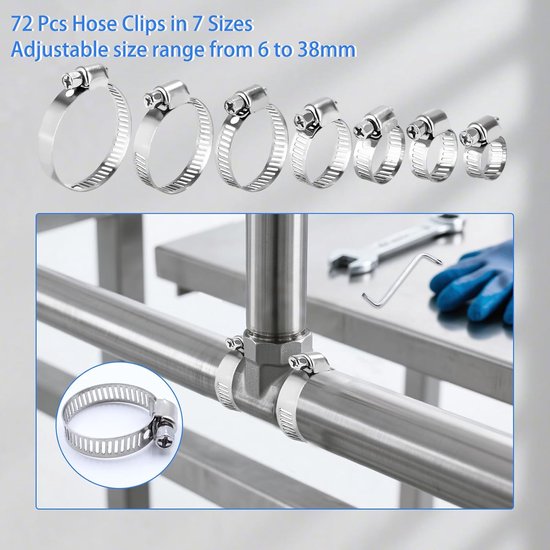 73 Pcs Hose Clamps Adjustable Clamps Made of Stainless Steel 304 6 to 38 mm for Water Hose, Sanitary Ware, Car and - ShopVlot — afbeelding 3
