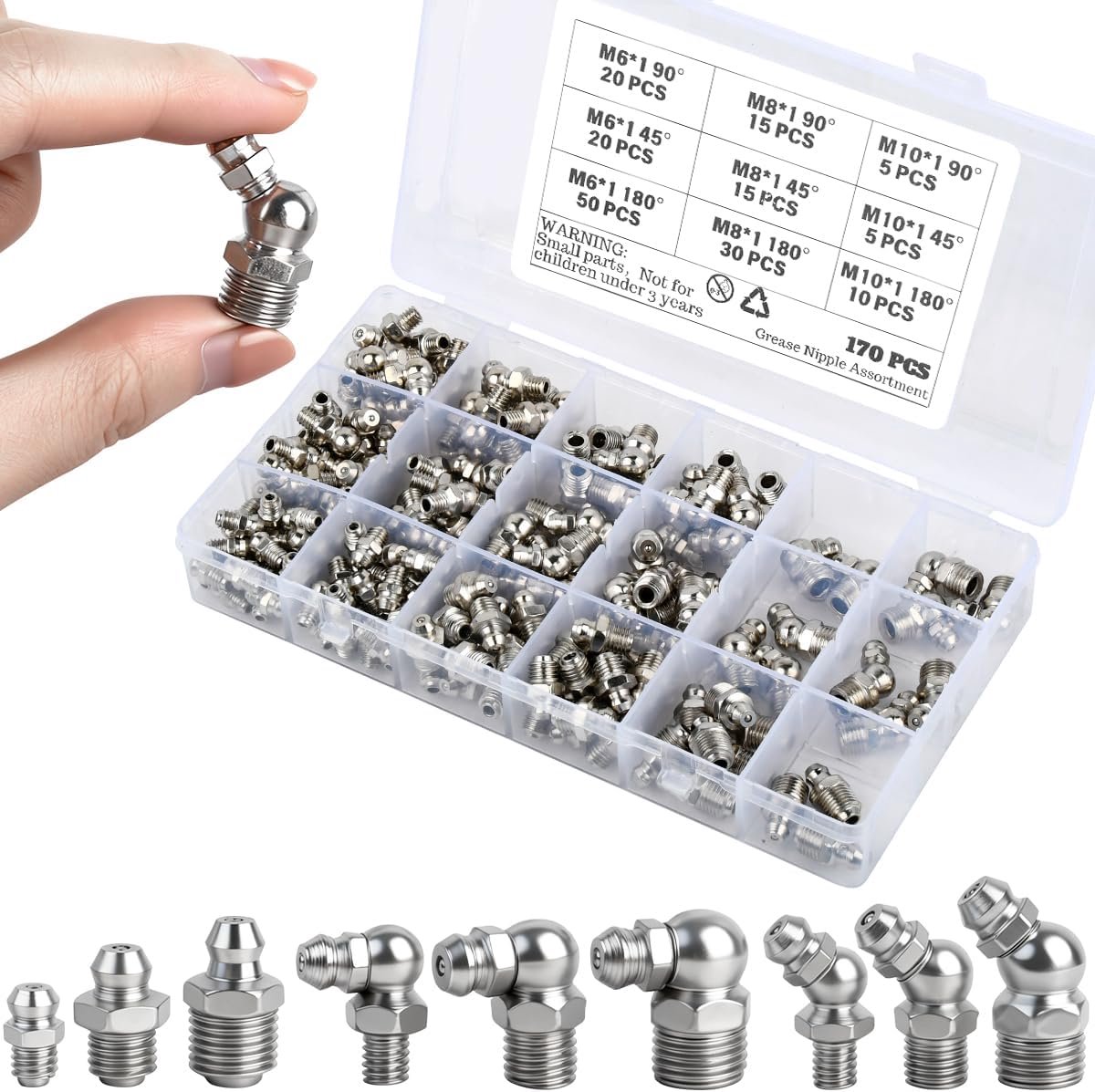 170 Pieces M6 M8 M10 Straight Curved 45° 90° Lubrication Nipple Set Nickel Plated Iron Lubrication Nipple Set for - ShopVlot