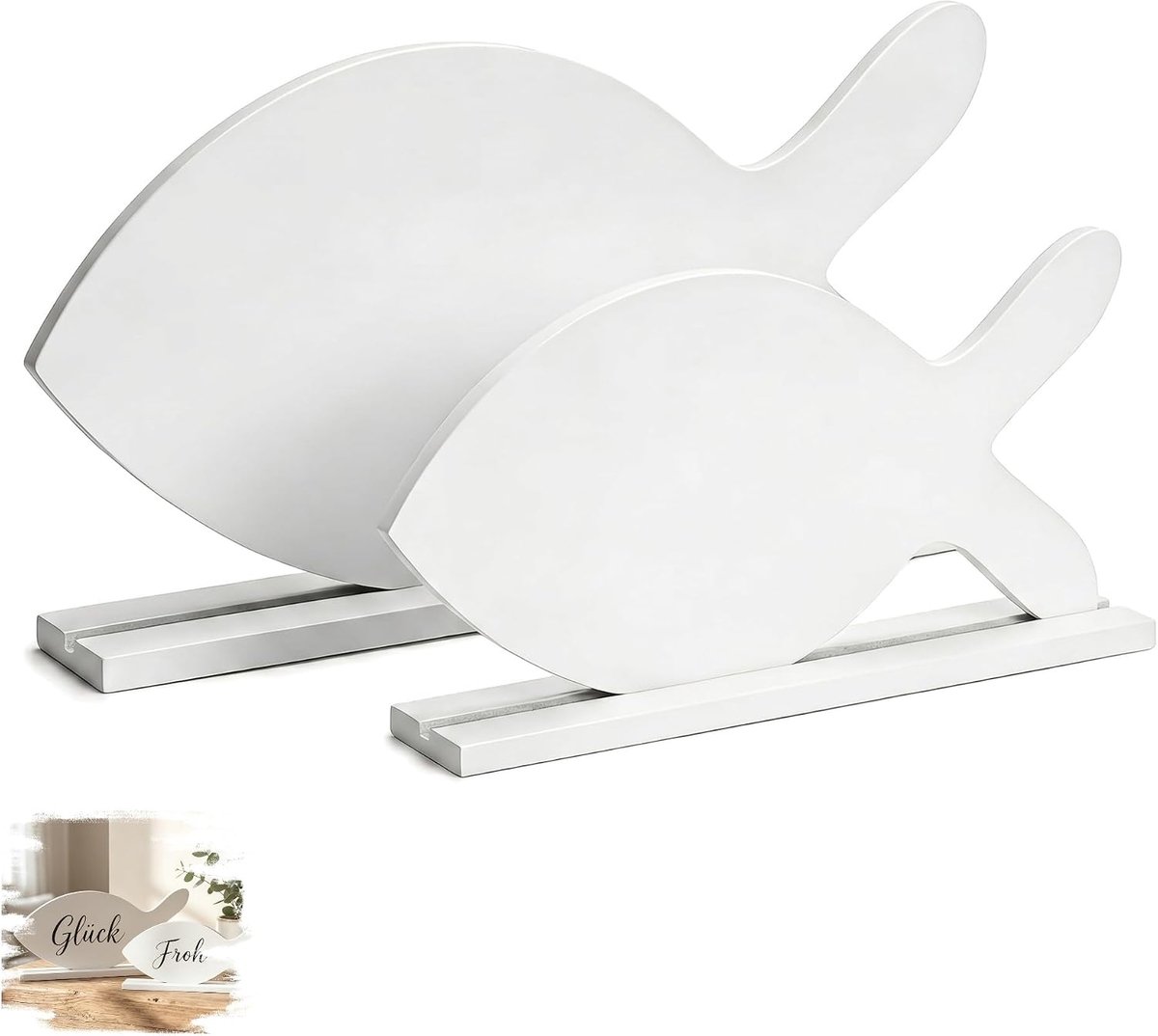 Houten vissen, communie, decoratie met sokkel, 2 stuks decoratieve vissen communie, tafeldecoratie voor vormsel, doop - ShopVlot