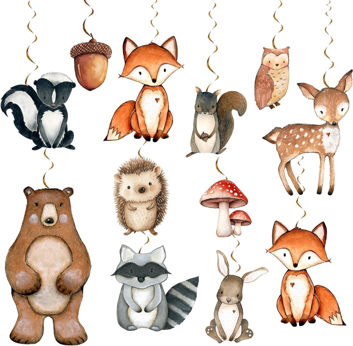 Woodland Baby Party Decoratie Set, 12 voorgebonden draaiende slingers voor bosdieren babyshower, Welkom Thuis Baby Deko - ShopVlot