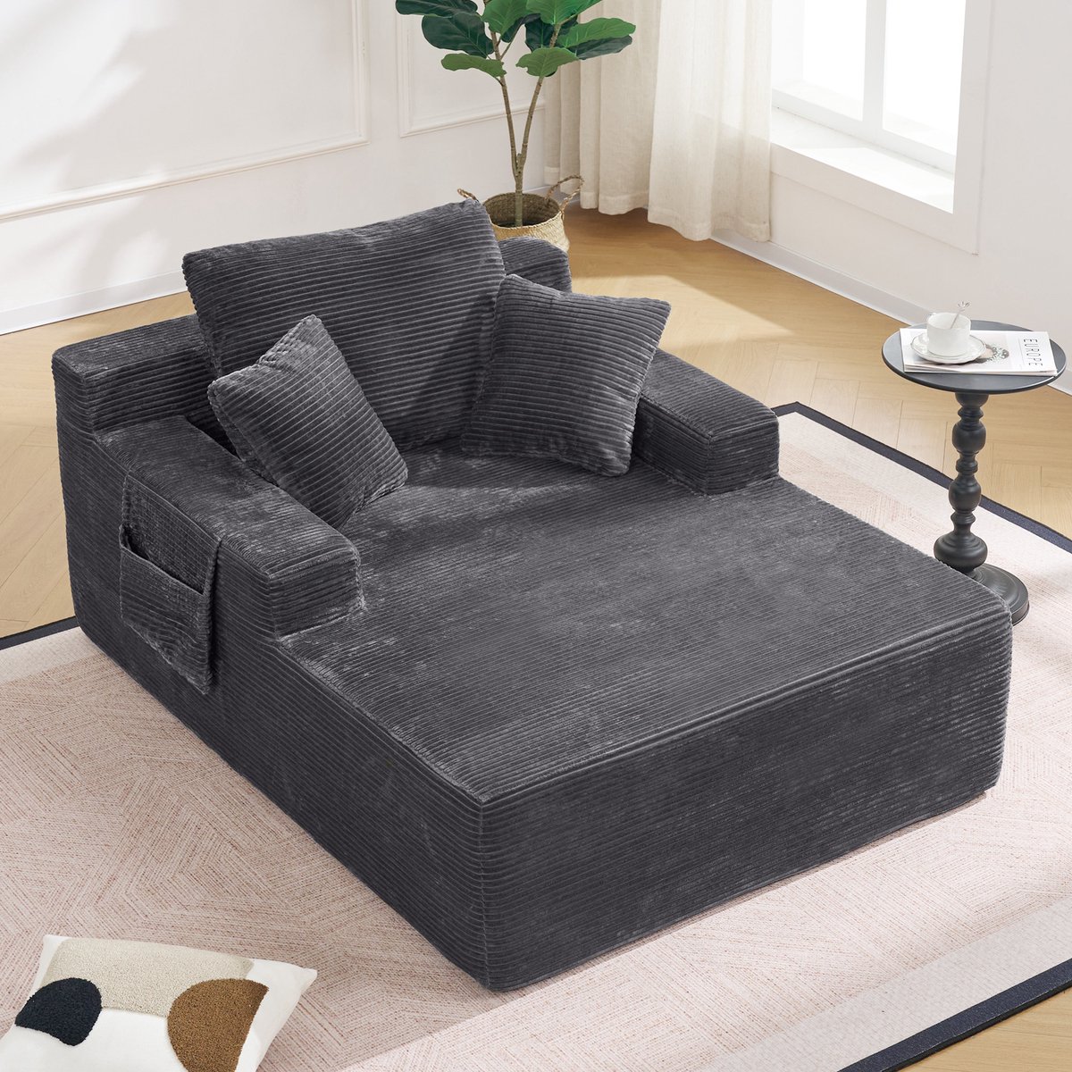 DESMIU Slaapbank 110 Cm - 1-Zits Met Zijvakken En Zachte Kussens - Voor Woonkamer En Slaapkamer - Corduroy Donkergrijs