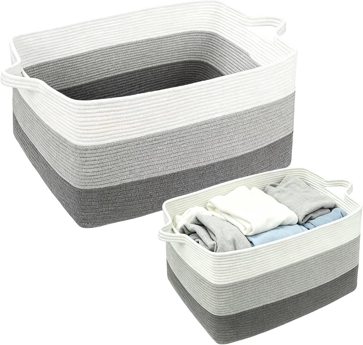 Grote geweven opbergmand van katoenen touw, multifunctionele wasmand, speelgoedmand voor slaapkamer en woonkamer, 60 l, 48 x 34 x 28 cm (grijs en wit)