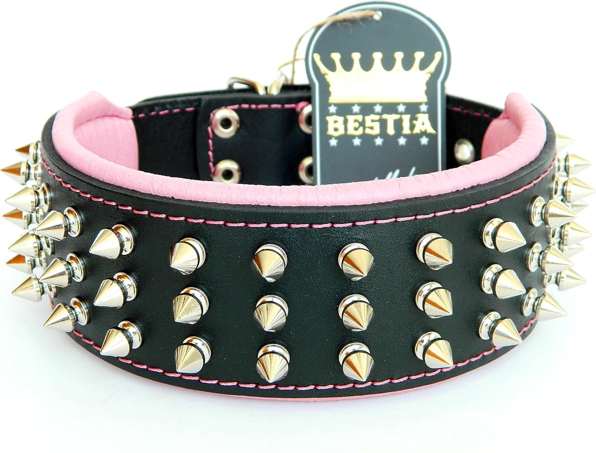 Bestia Echt lederen hondenhalsband met schroefpunten en lederen binnenvoering. 6,5 cm breed. Pasfit. Maten M, L, XL - ShopVlot