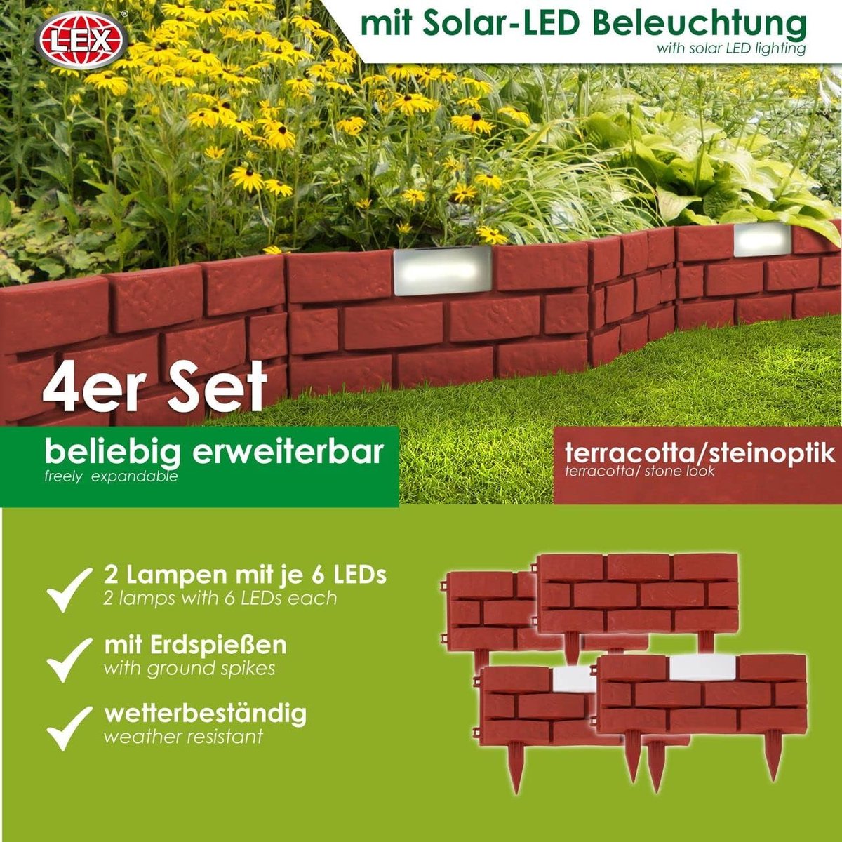 LEX Flower Bed Border with Solar LED Lights, Set of 4, Randomly Expandable - ShopVlot