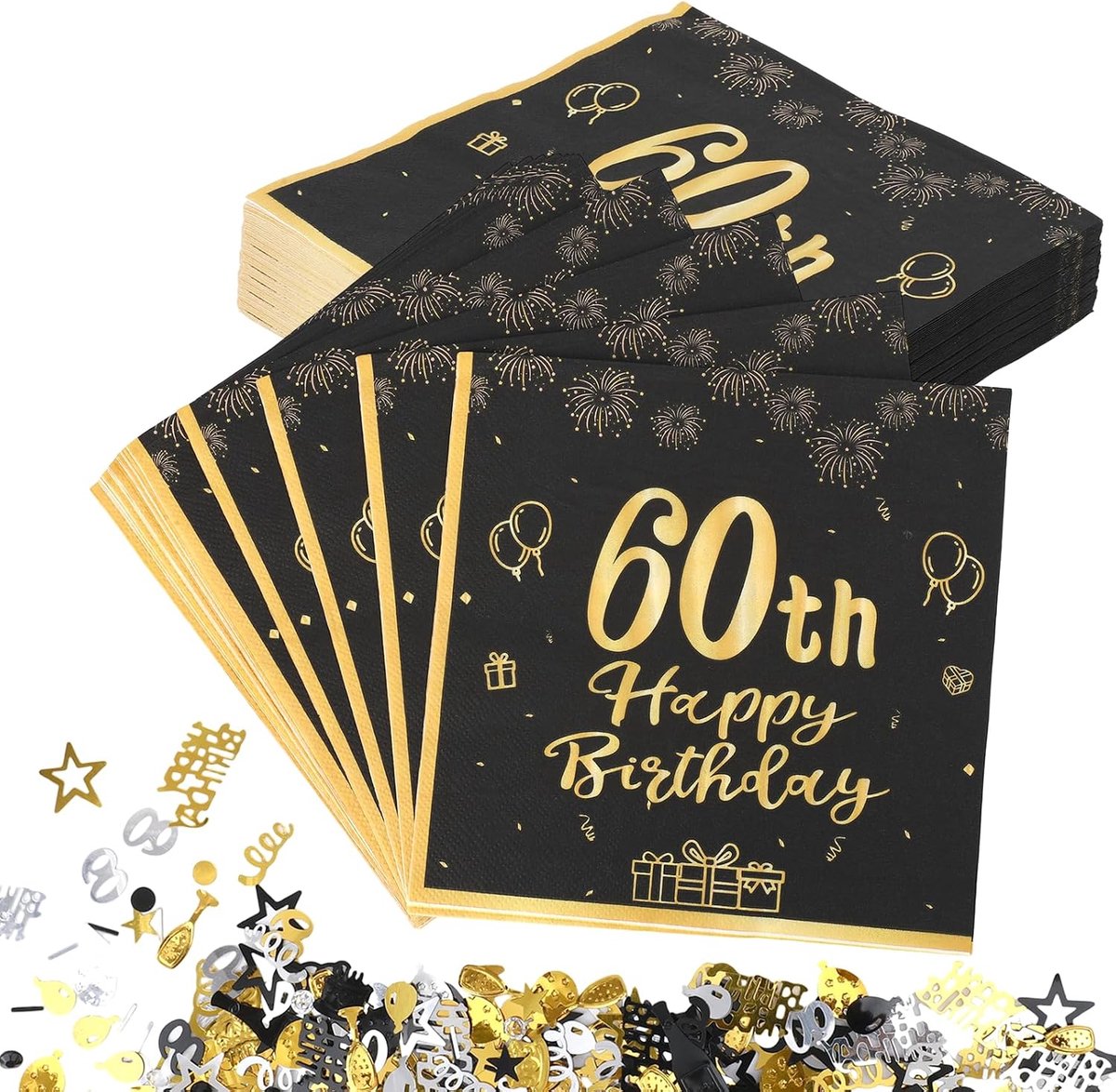 40 stuks servetten voor de 60e verjaardag, 33 x 33 cm, zwart-goud + 1 verpakking papieren confetti, Happy Birthday - ShopVlot